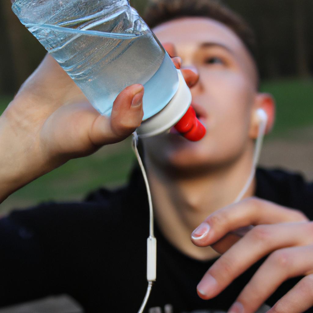 Person drinking water, exercising outdoors