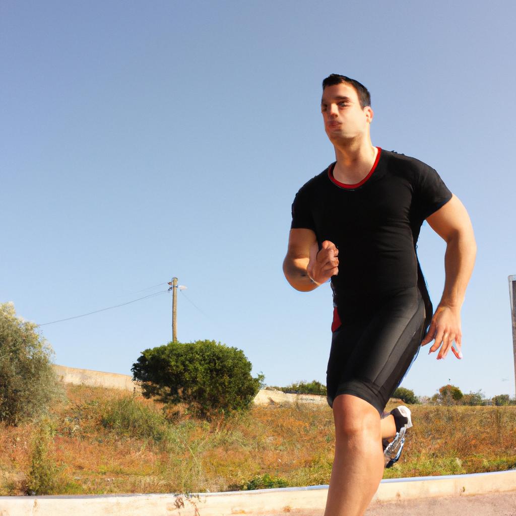 Person running outdoors, looking determined